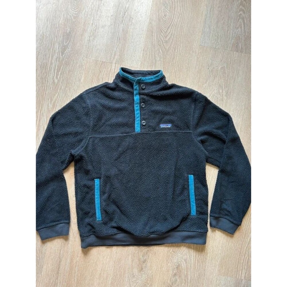 Patagonia Shearling Button Fleece Pullover Black Teal Men's Sz Medium Sweatshirt